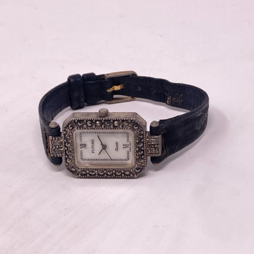 Vintage Futura Marcasite Tank Watch Women 22mm Silver Tone MOP New Battery 7.5" - Picture 11 of 16